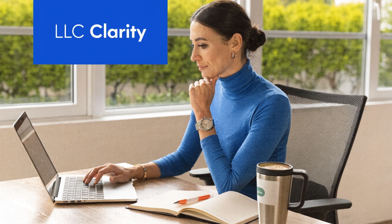 A professional woman in a blue turtleneck working on her laptop with a notebook and coffee.