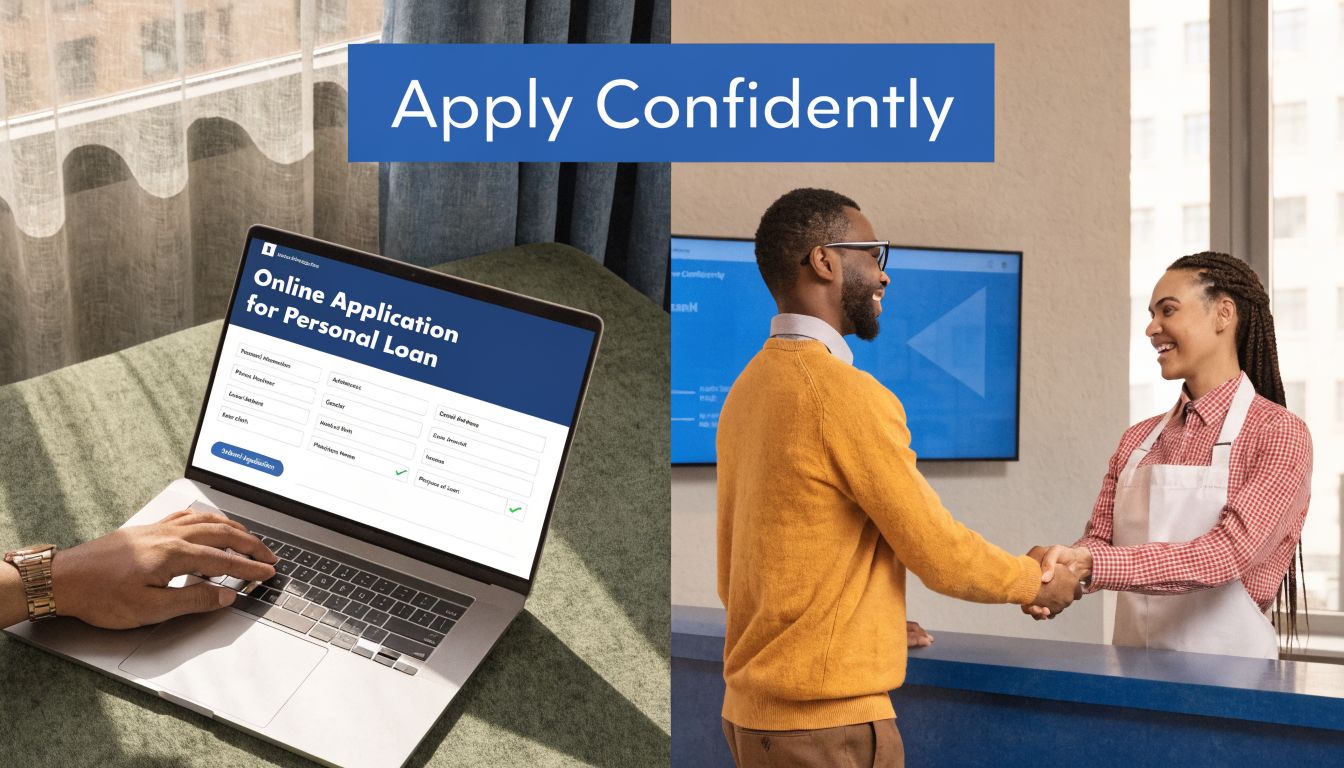 A split screen showing a person filling out an online loan application and another shaking hands.