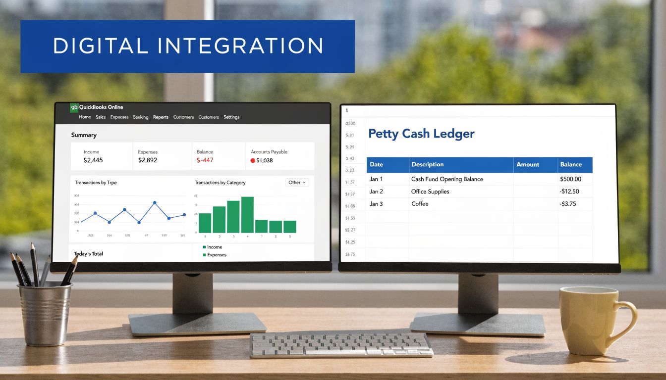 Dual computer monitors on a wooden desk displaying accounting software and a Petty Cash Ledger spreadsheet.