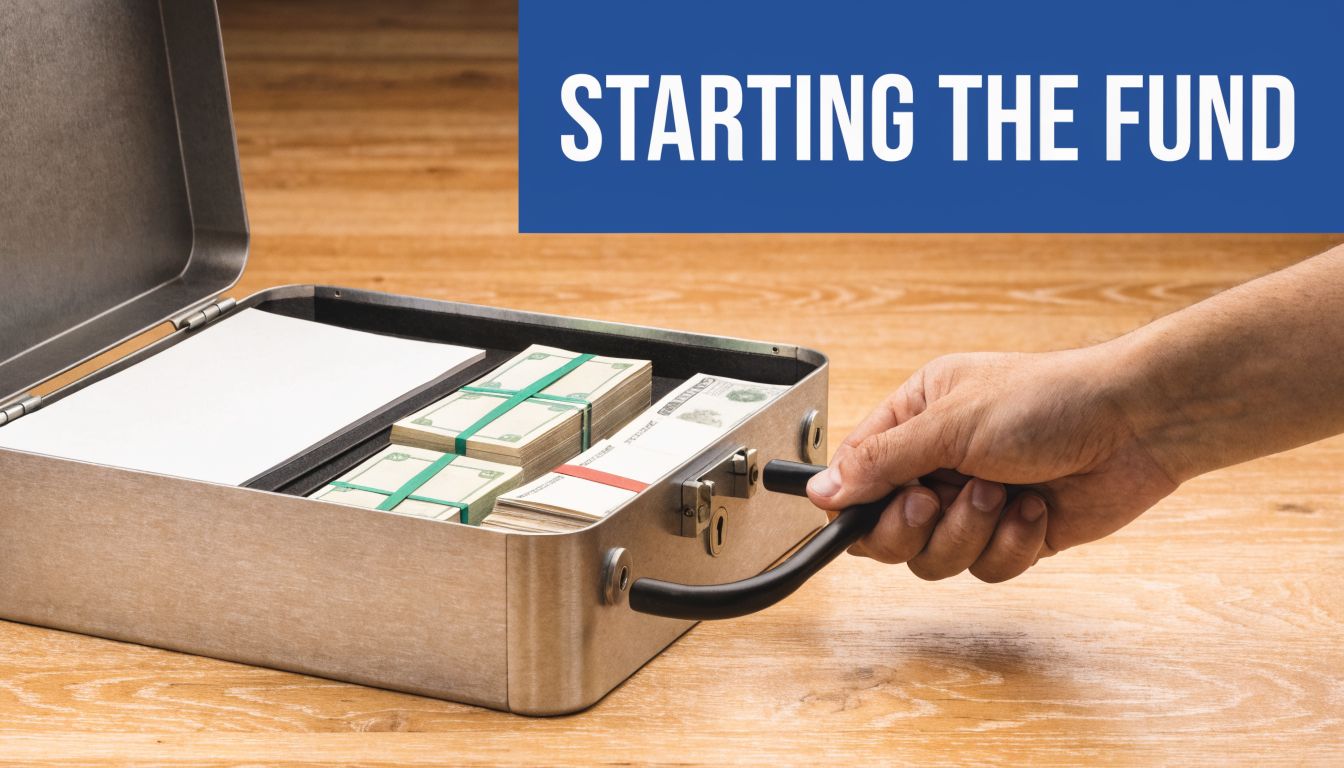 A hand holding a metallic cash box filled with stacks of US dollar bills on a desk.
