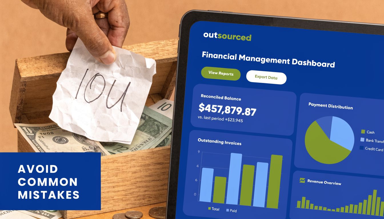 A hand placing an IOU note into a wooden petty cash box beside a digital financial dashboard.