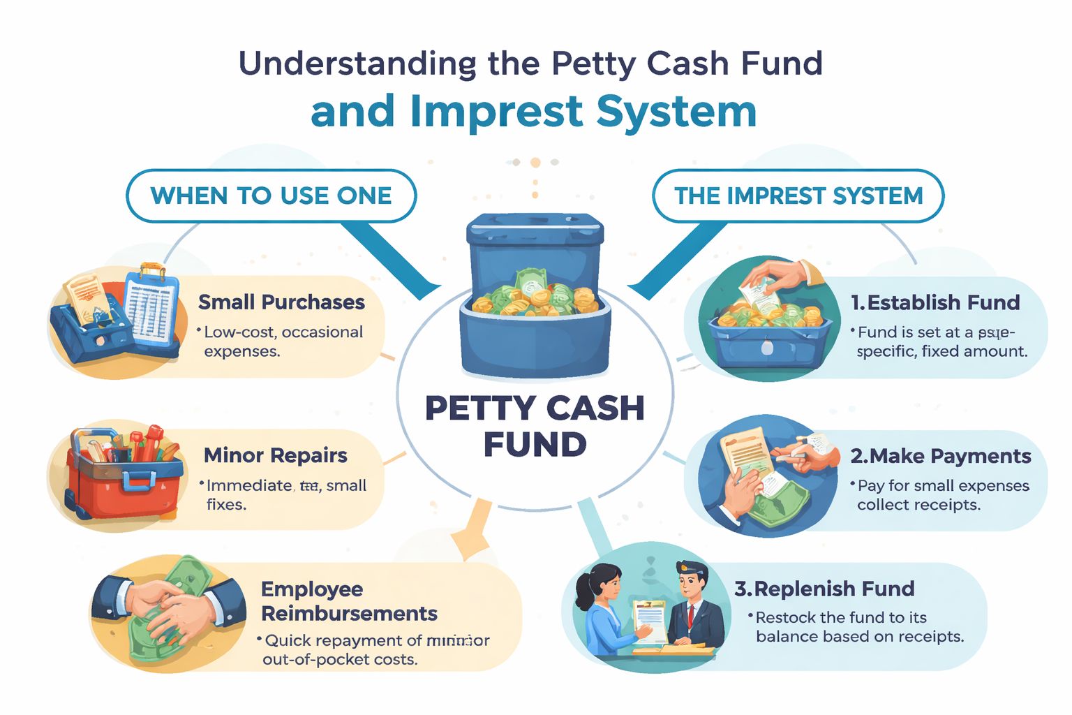 An infographic explaining the petty cash fund, its uses, and the steps of the imprest system.