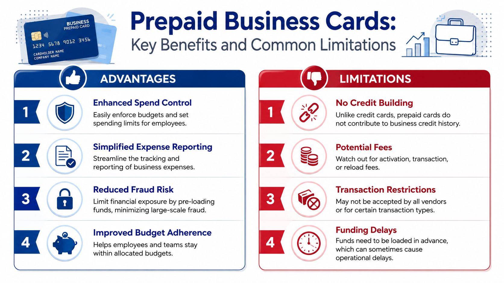 An infographic titled Prepaid Business Cards displaying a numbered list of four advantages and four limitations.