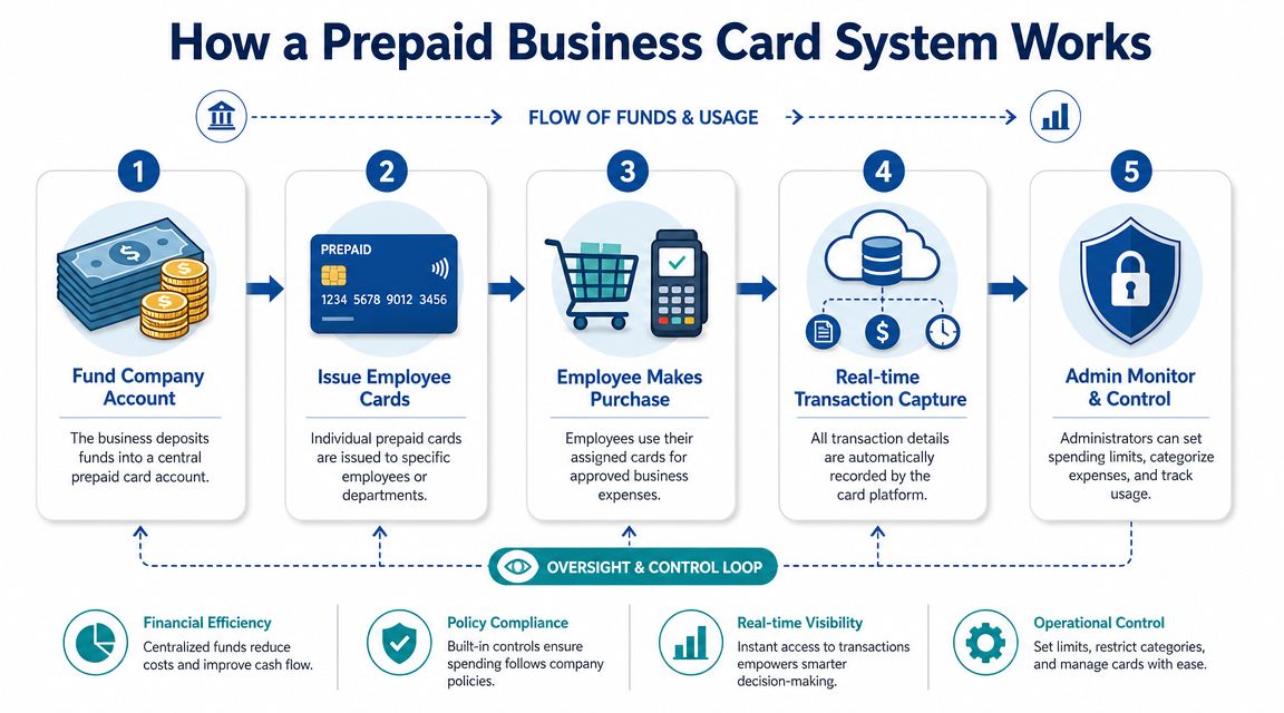 A diagram illustrating the five-step workflow of a prepaid business card system for employee expenses.