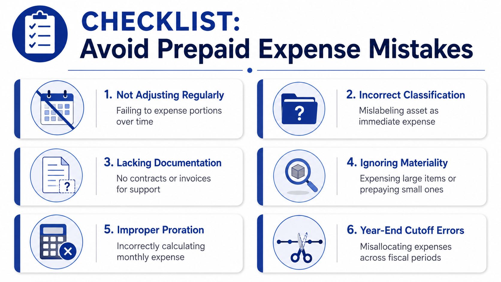 A checklist infographic detailing six common mistakes to avoid when managing prepaid expenses in business accounting.