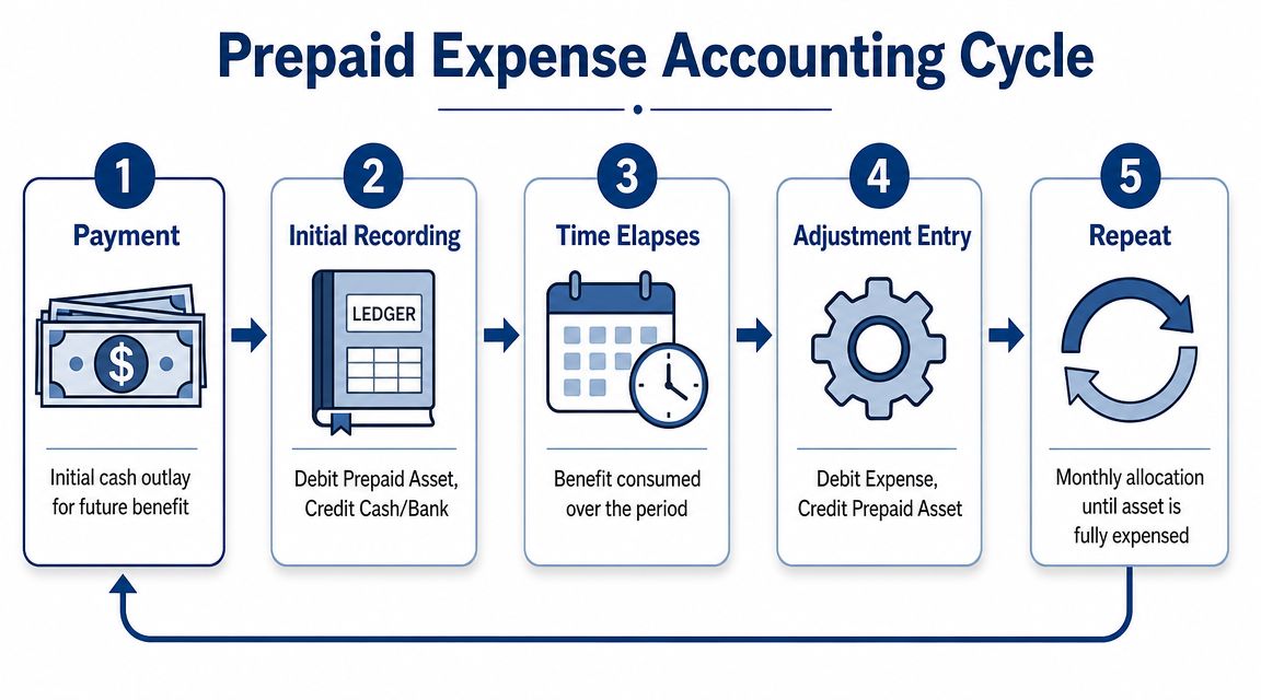 A five-step diagram illustrating the accounting cycle for managing prepaid expenses from payment to final allocation.