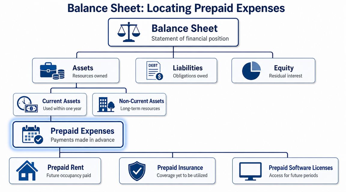 A diagram illustrating that prepaid expenses are categorized as current assets on a company balance sheet.