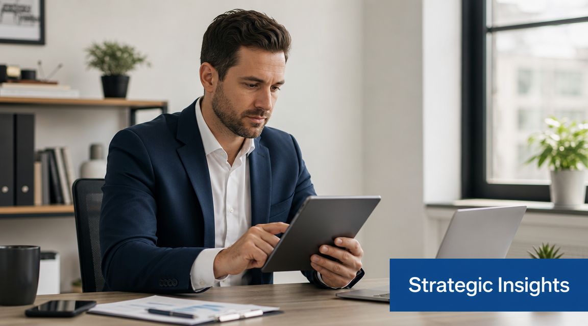 A professional man in a business suit reviewing data on a tablet in a modern office.