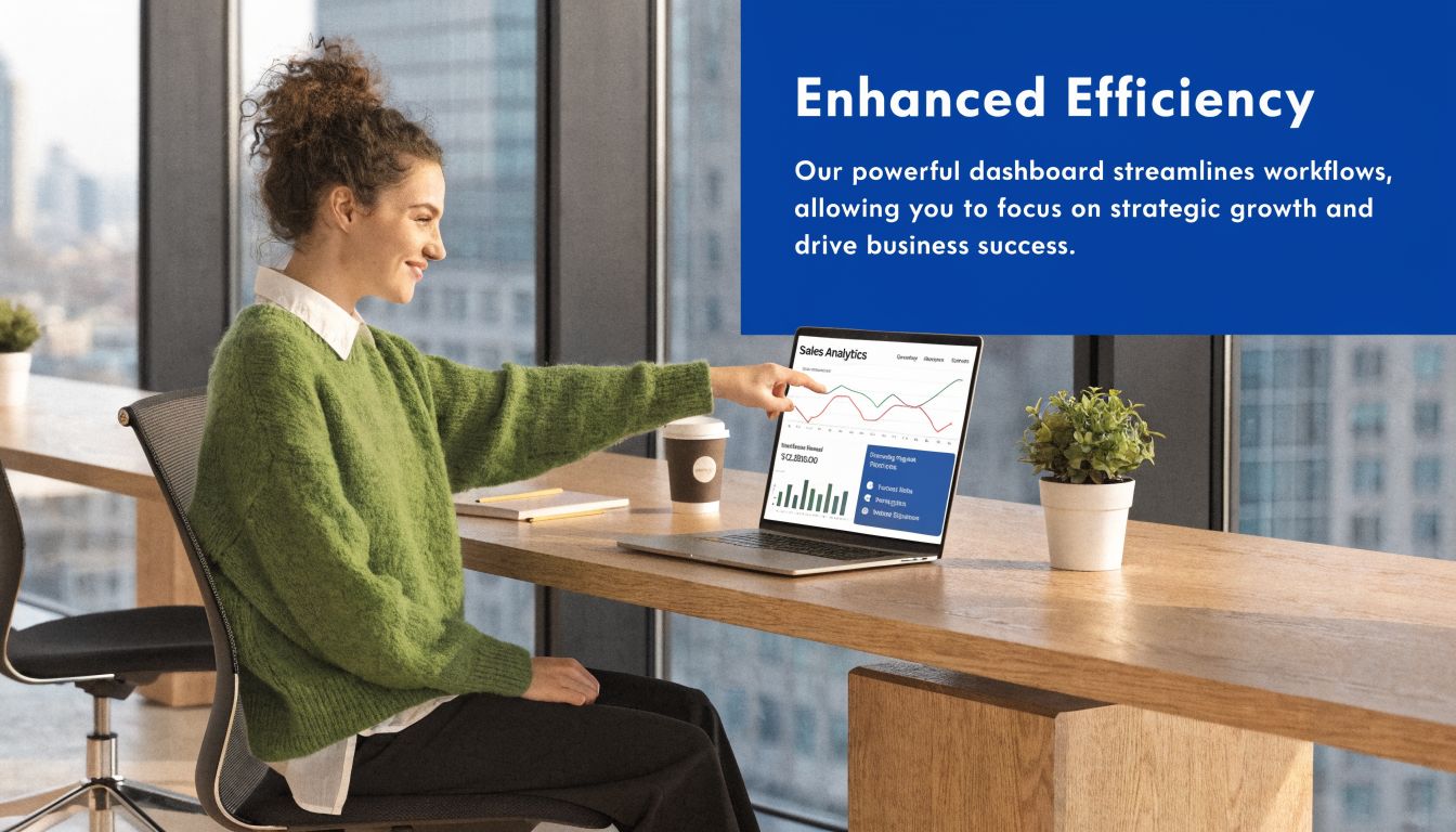 A professional woman in a green sweater points to sales analytics data displayed on her laptop screen.