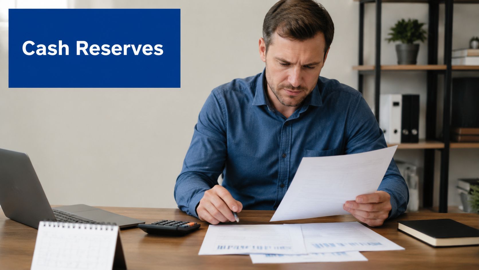 A professional man reviewing financial documents at a desk in a home office setting.