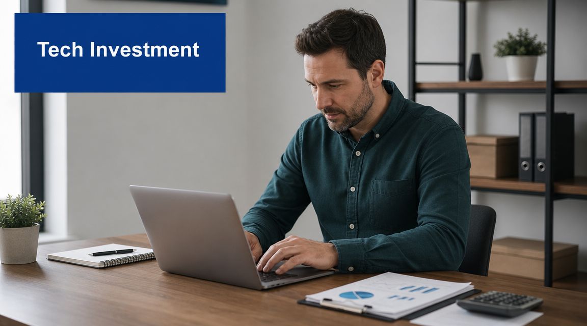 A professional man sitting at a desk and working on his laptop while analyzing financial charts.