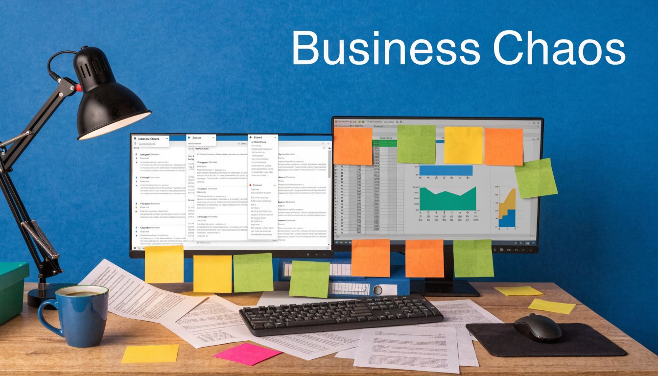 A cluttered workspace desk featuring a monitor with business data, sticky notes, and office supplies.