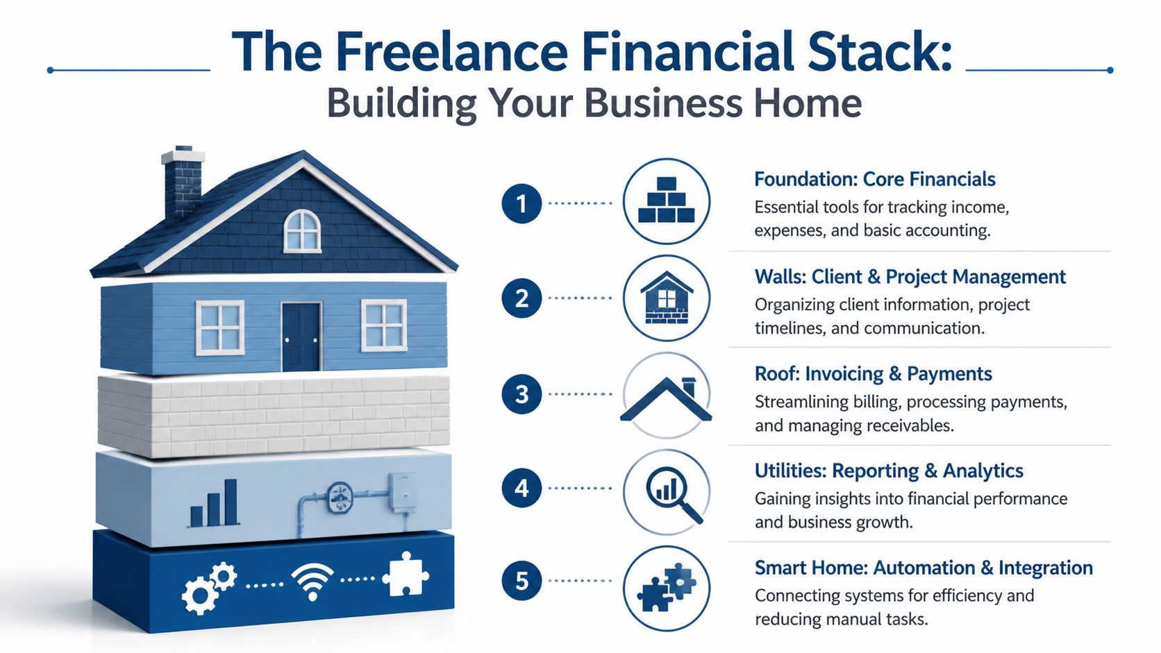 A visual infographic titled The Freelance Financial Stack, illustrating five essential business management layers for freelancers.