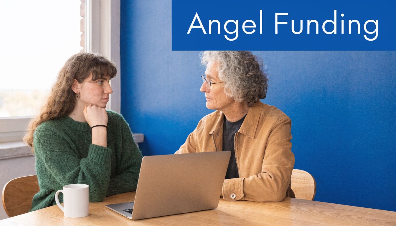A young woman and an older man discuss business opportunities over a laptop in a bright office.