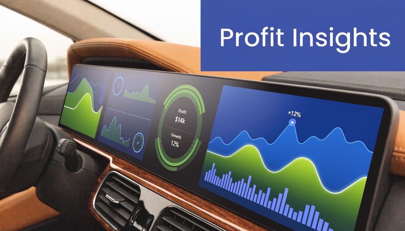 A modern car dashboard screen displaying financial profit insights, charts, and data growth trends.