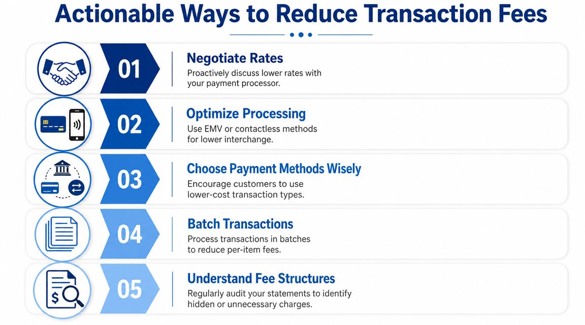 An infographic titled Actionable Ways to Reduce Transaction Fees featuring five numbered tips for businesses.