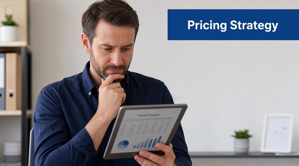 A professional man contemplating a financial projection chart on a tablet screen in an office.