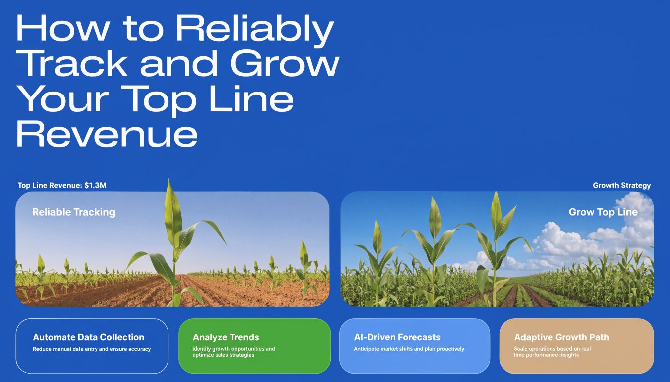 A business strategy infographic titled How to Reliably Track and Grow Your Top Line Revenue with cornfields.
