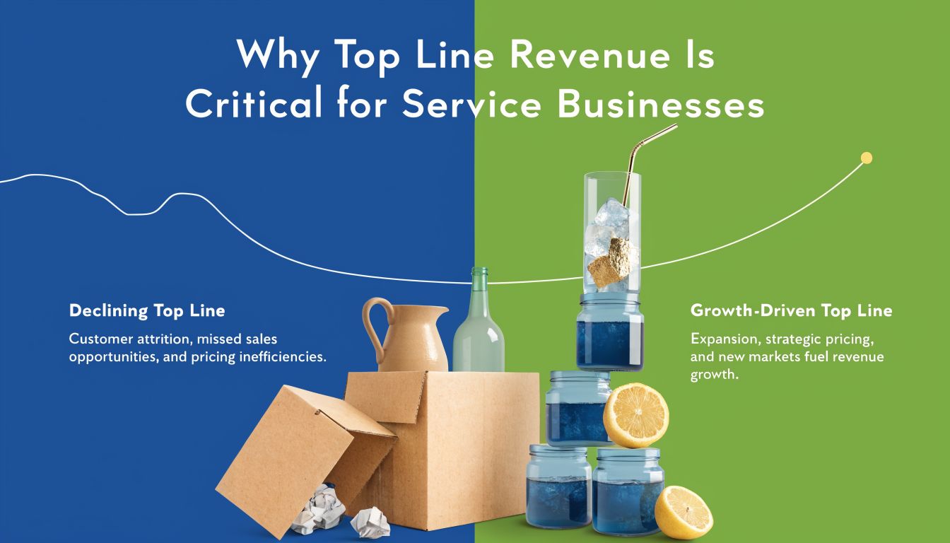 A split graphic comparing declining top line revenue against growth-driven top line revenue for service businesses.