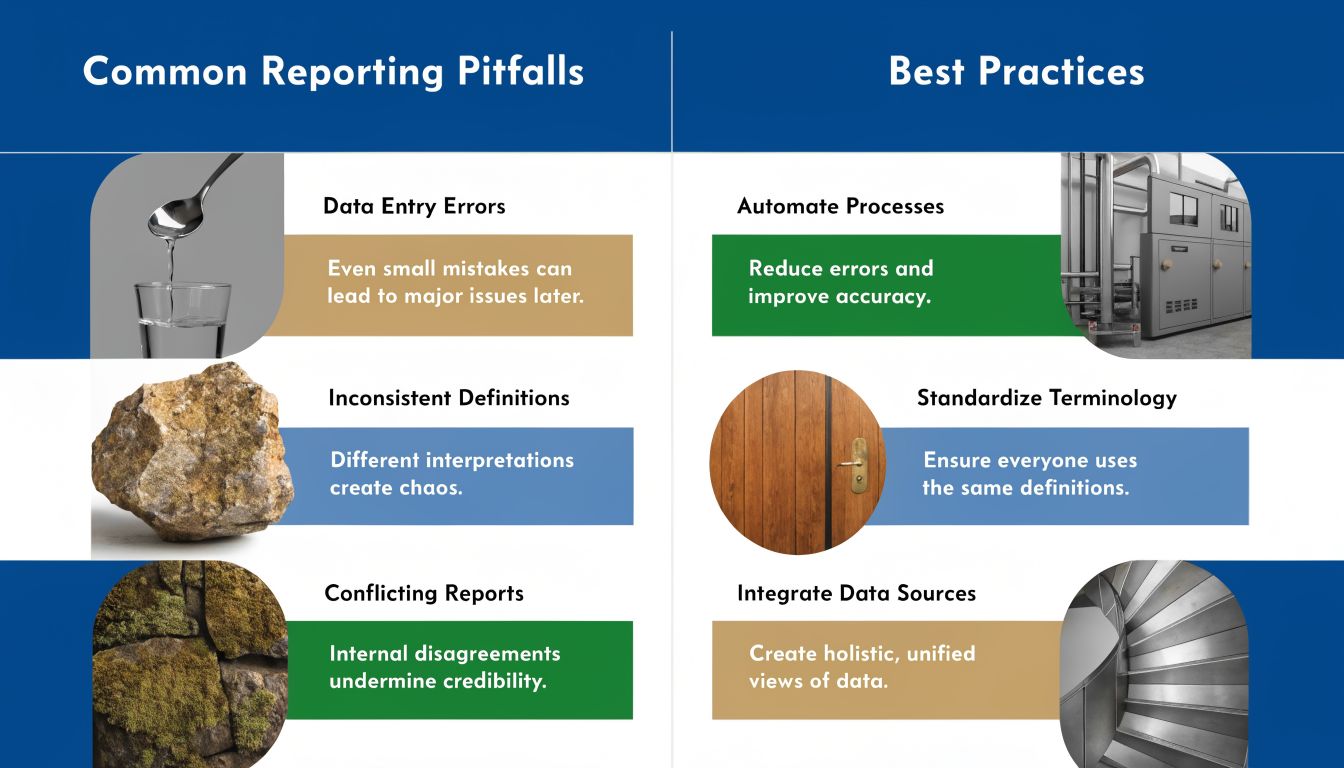 An infographic showing common reporting pitfalls versus best practices to improve business data and reporting accuracy.