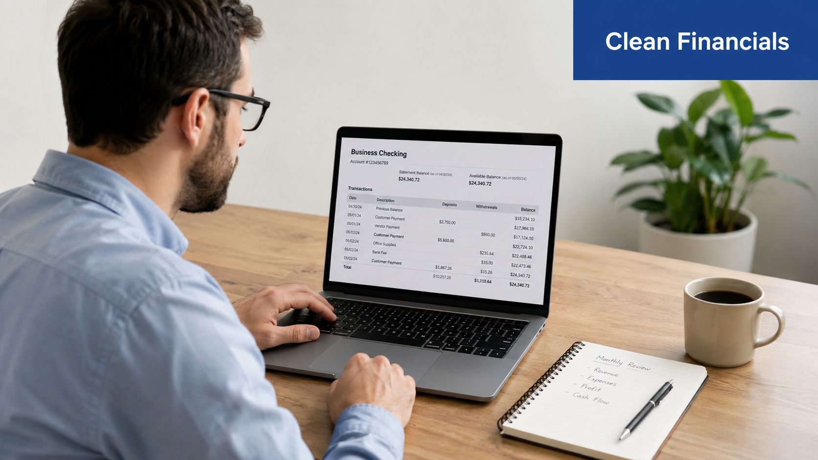 A professional man checking his business checking account financial statements on a laptop at his desk.