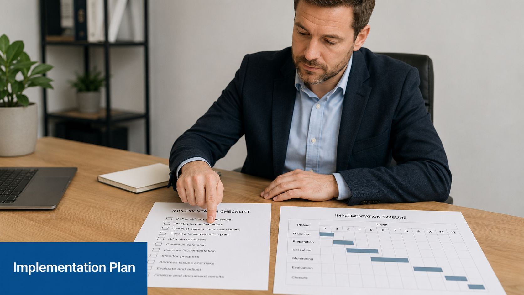 A professional man reviewing an implementation checklist and project timeline document at his office desk.