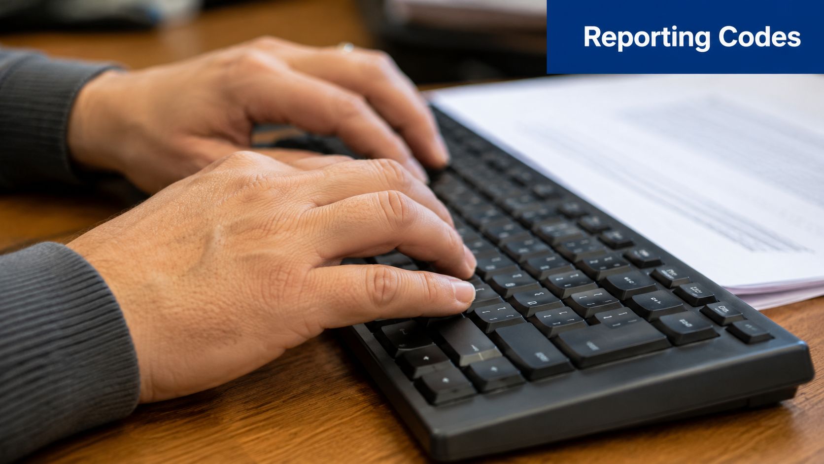 A close-up view of a person typing on a black computer keyboard while reviewing printed documentation.