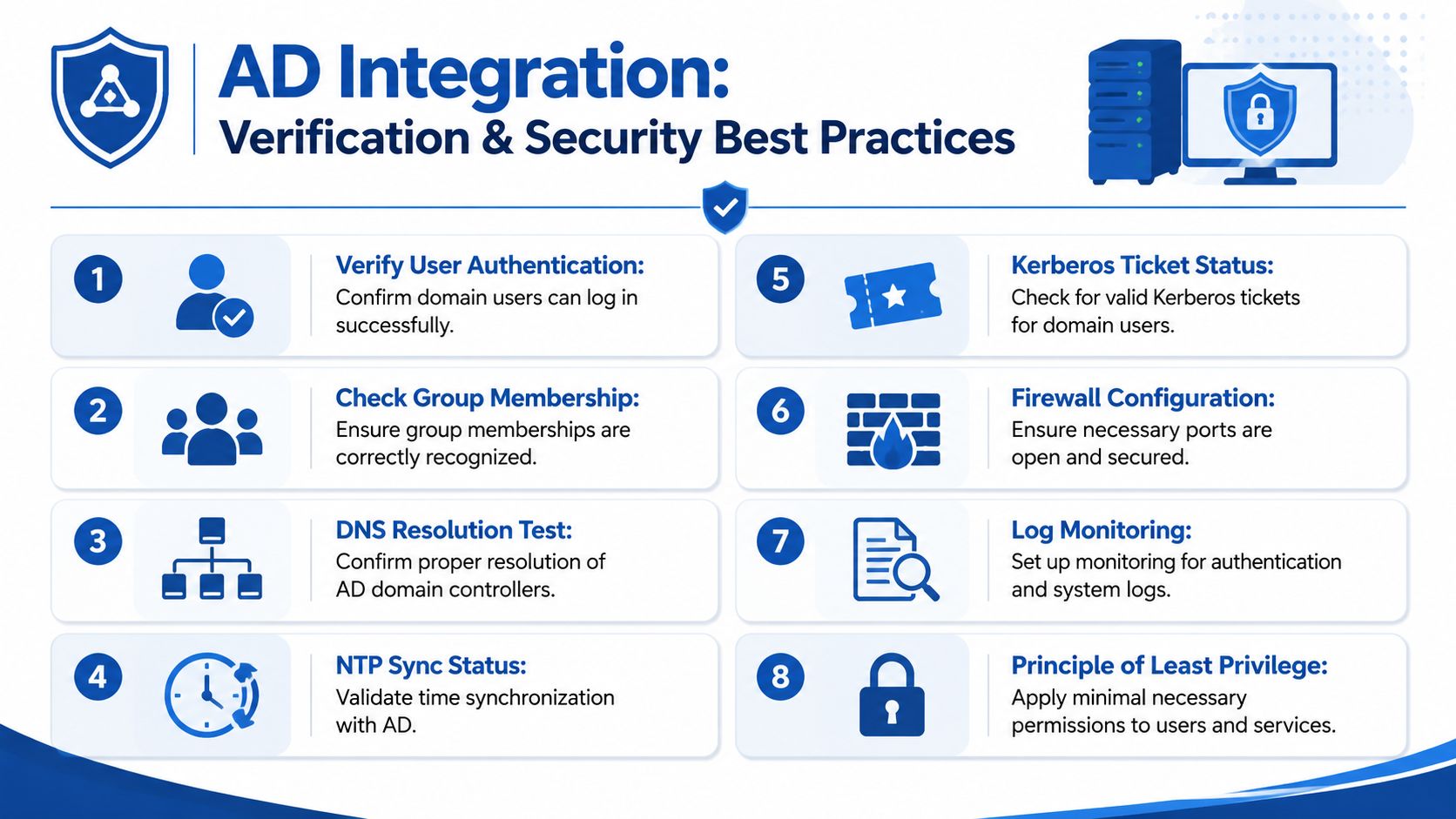 An infographic detailing eight key verification and security best practices for Active Directory system integration.