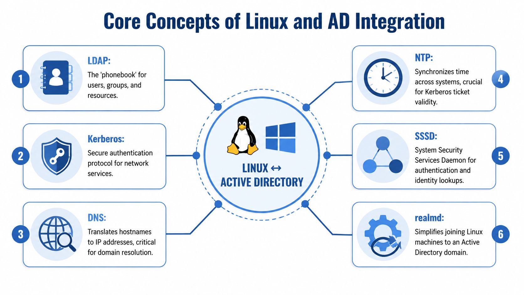 A diagram illustrating the core concepts of integrating Linux systems with Microsoft Active Directory using six key components.