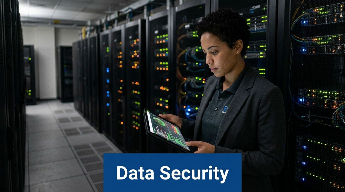A professional woman monitoring server infrastructure while holding a tablet in a modern data center.