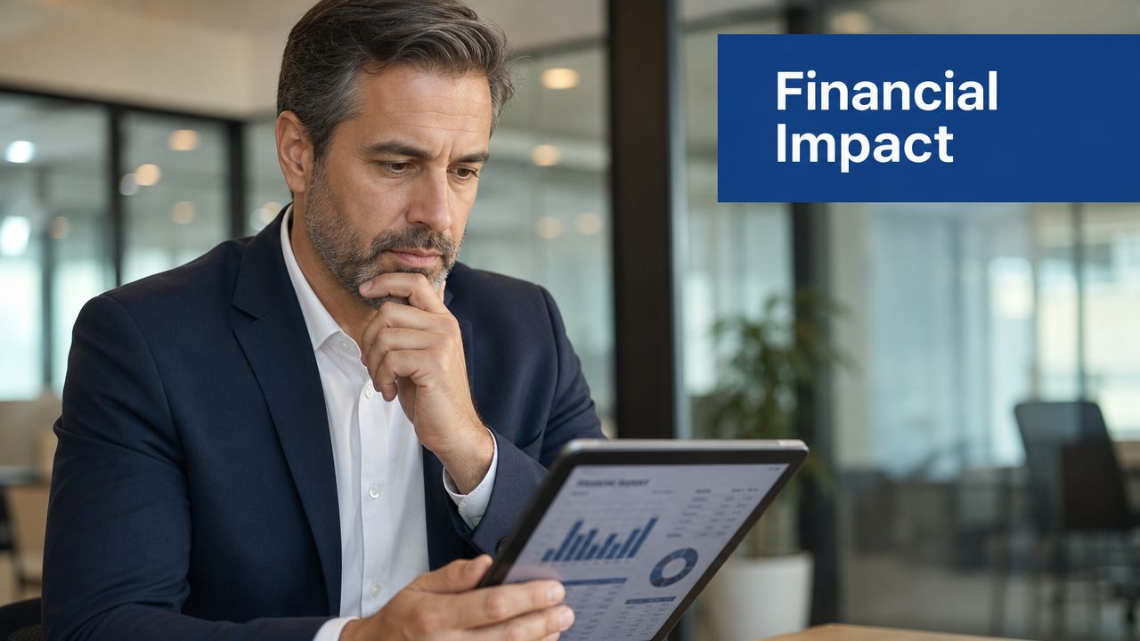 A professional man in a suit looking thoughtfully at a tablet displaying financial data and charts.