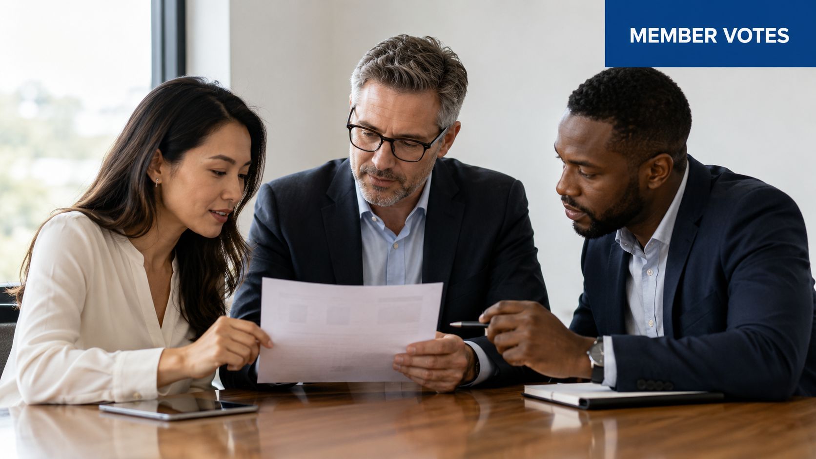 A professional team reviewing an amendment to an llc operating agreement during a business meeting.