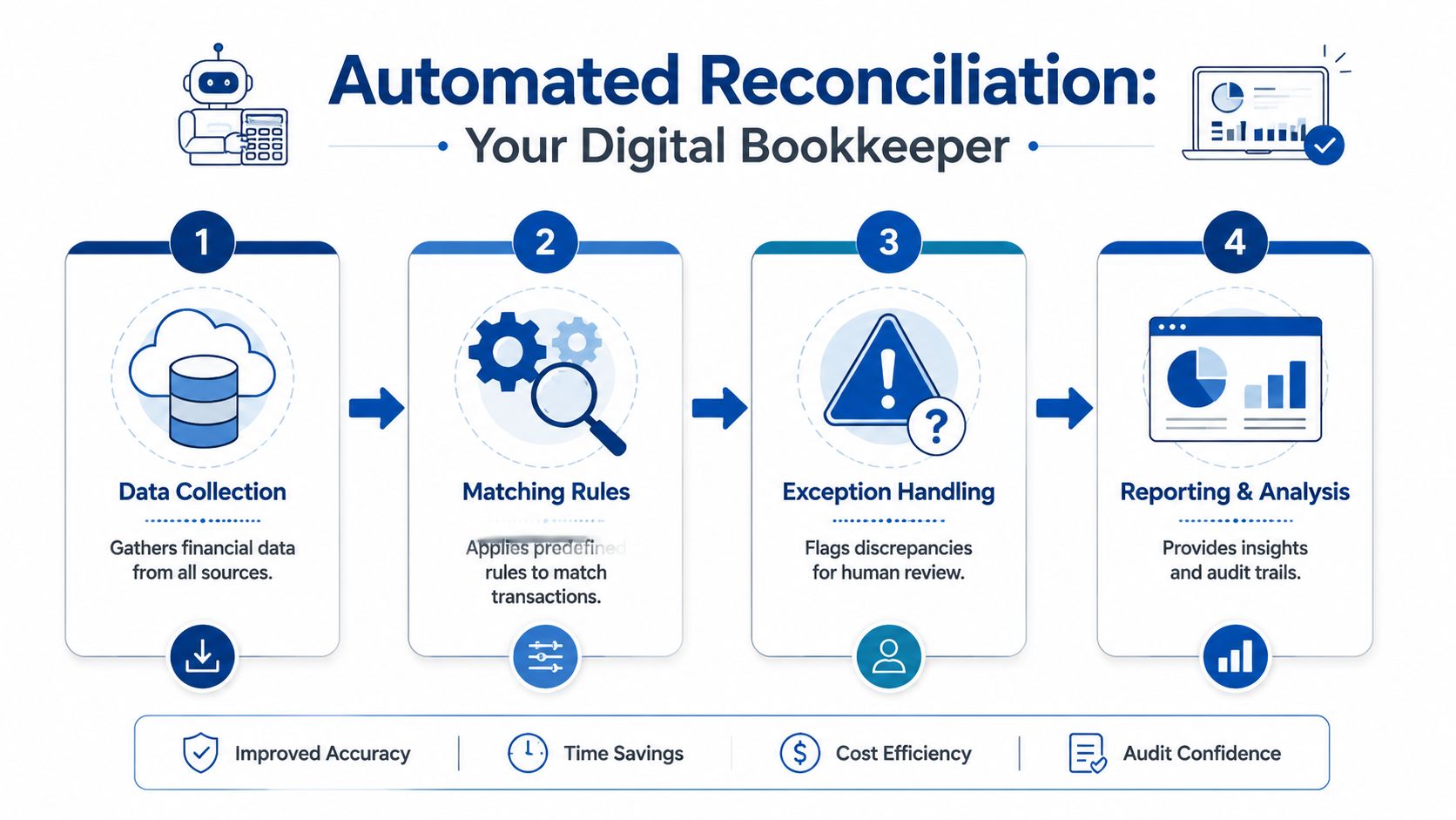 A four-step infographic illustrating the automated reconciliation process including data collection, matching rules, exception handling, and reporting.