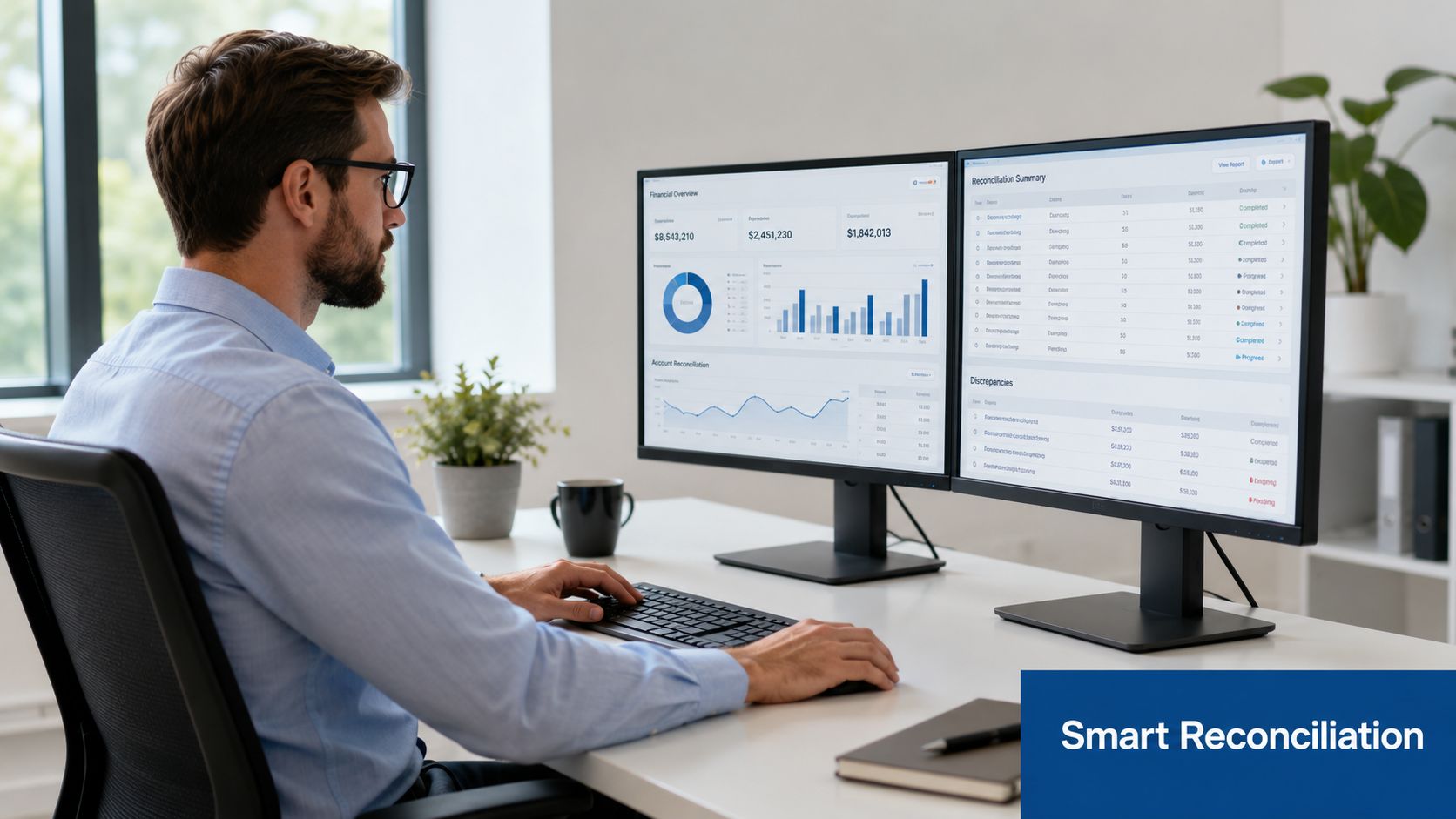 A professional man sitting at his desk working on dual computer monitors displaying financial reconciliation data and charts.