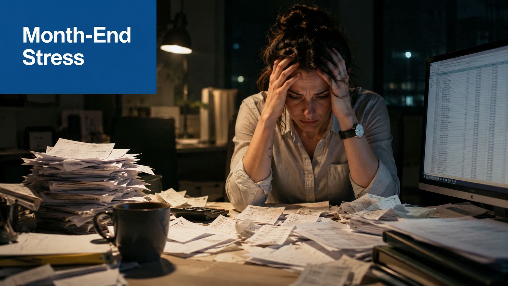 Stressed professional working late at night surrounded by a large pile of paperwork and financial documents.