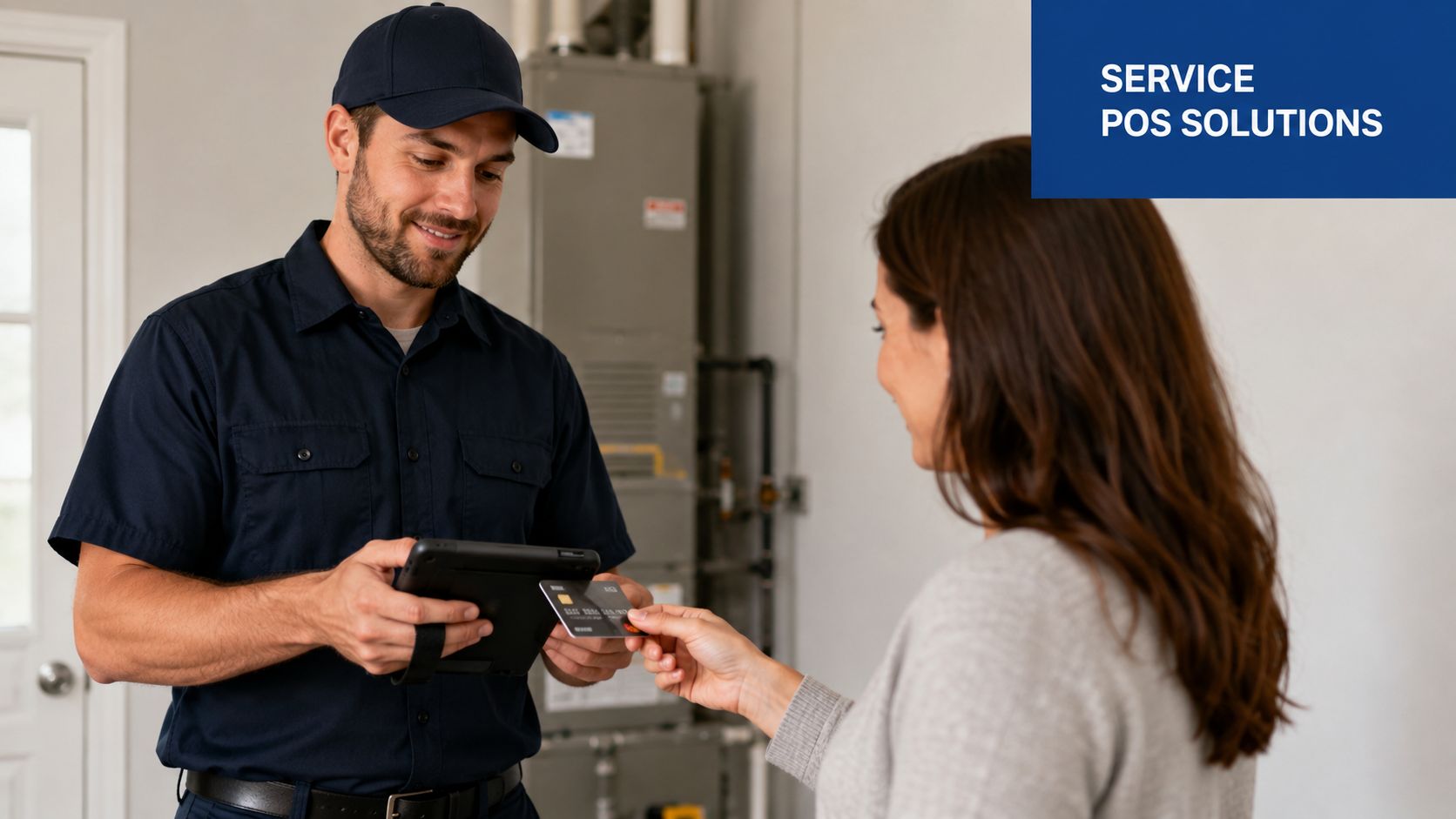 A service technician in a uniform accepts a credit card payment from a customer on a tablet.