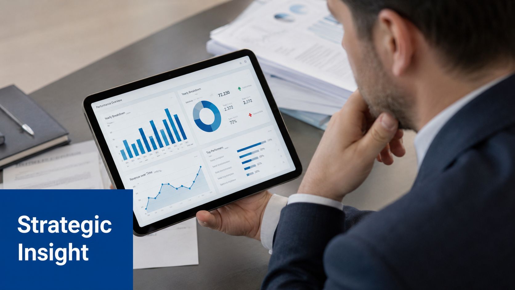 A professional businessman analyzing business performance data on a digital tablet at his desk in an office.