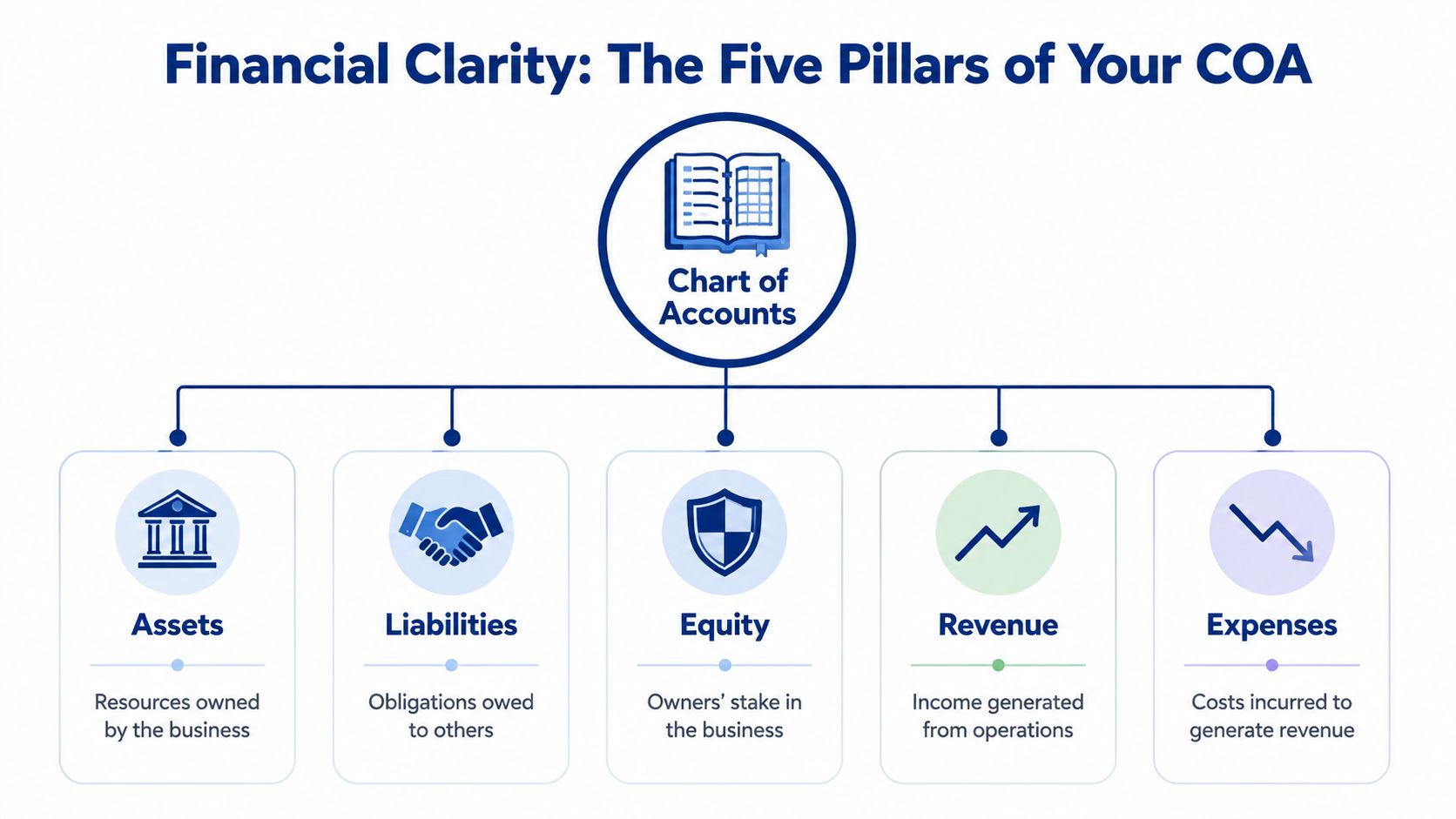 A diagram illustrating the five core pillars of a Chart of Accounts: Assets, Liabilities, Equity, Revenue, and Expenses.