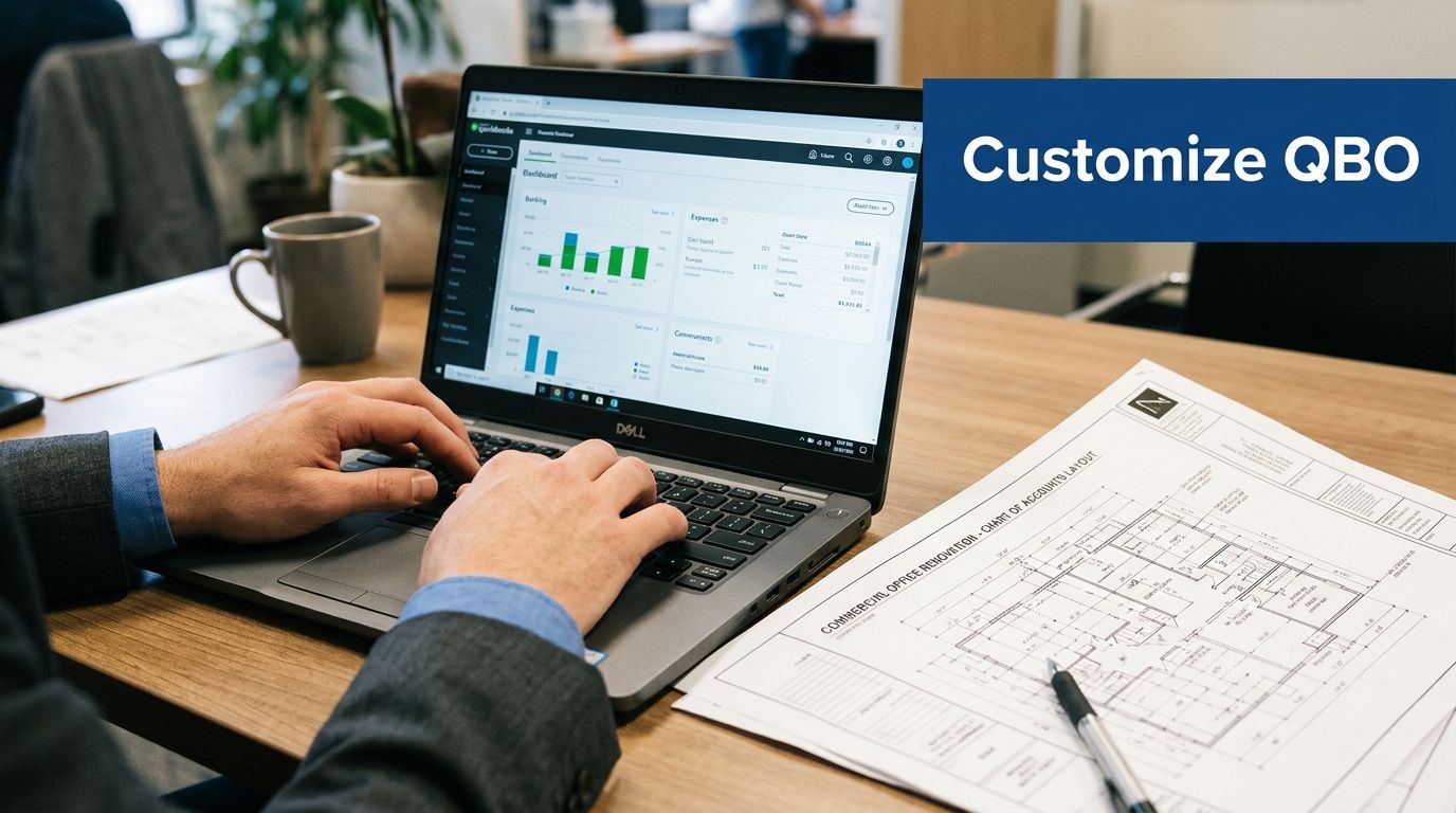 A professional analyzing QuickBooks Online dashboard on a laptop with architectural plans for an office renovation layout.