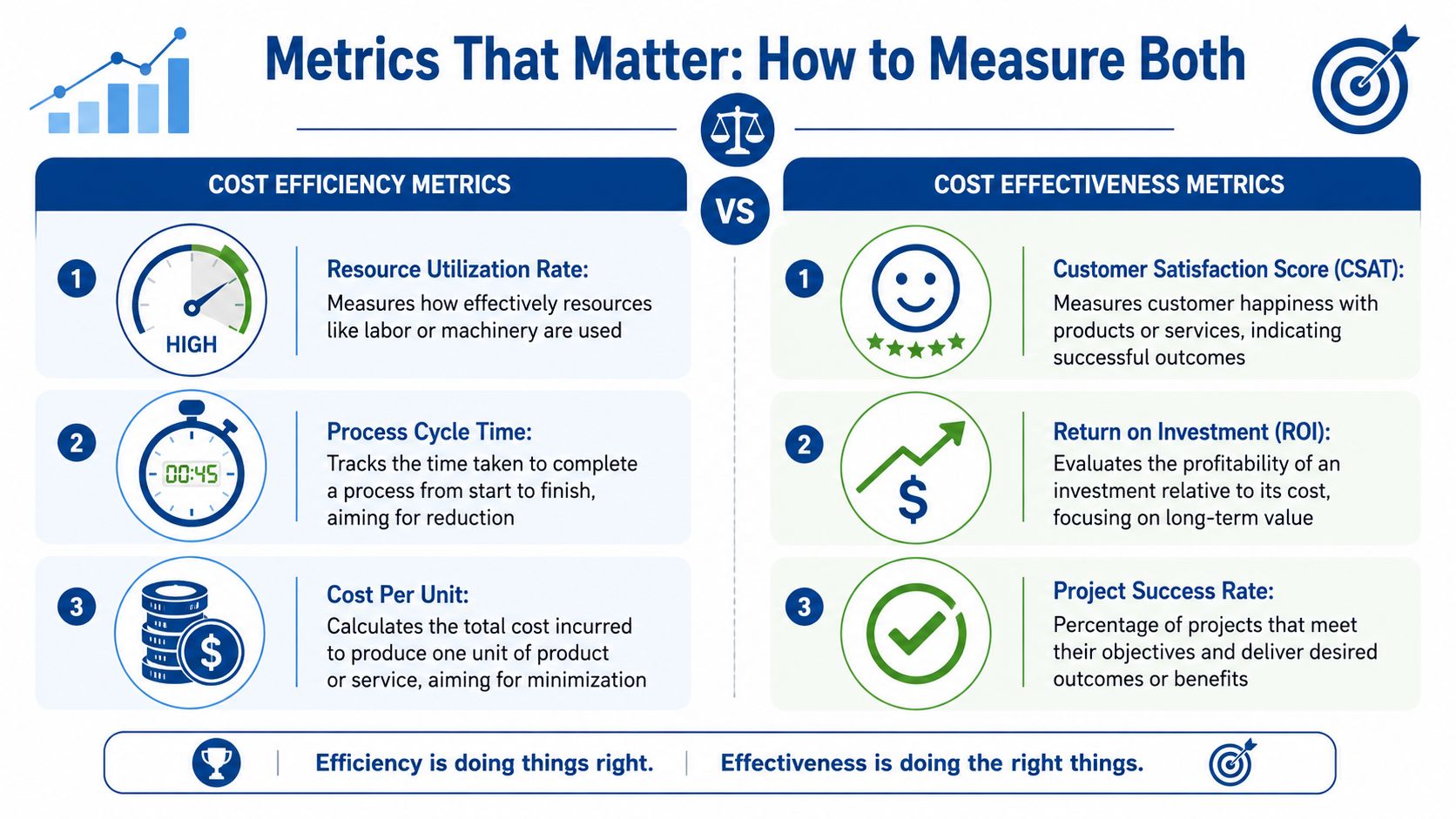 An infographic comparing cost efficiency metrics like resource utilization against cost effectiveness metrics like customer satisfaction.