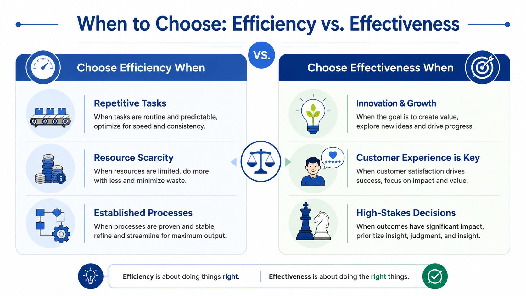 A comparison chart explaining when to prioritize efficiency versus effectiveness in business and daily tasks.