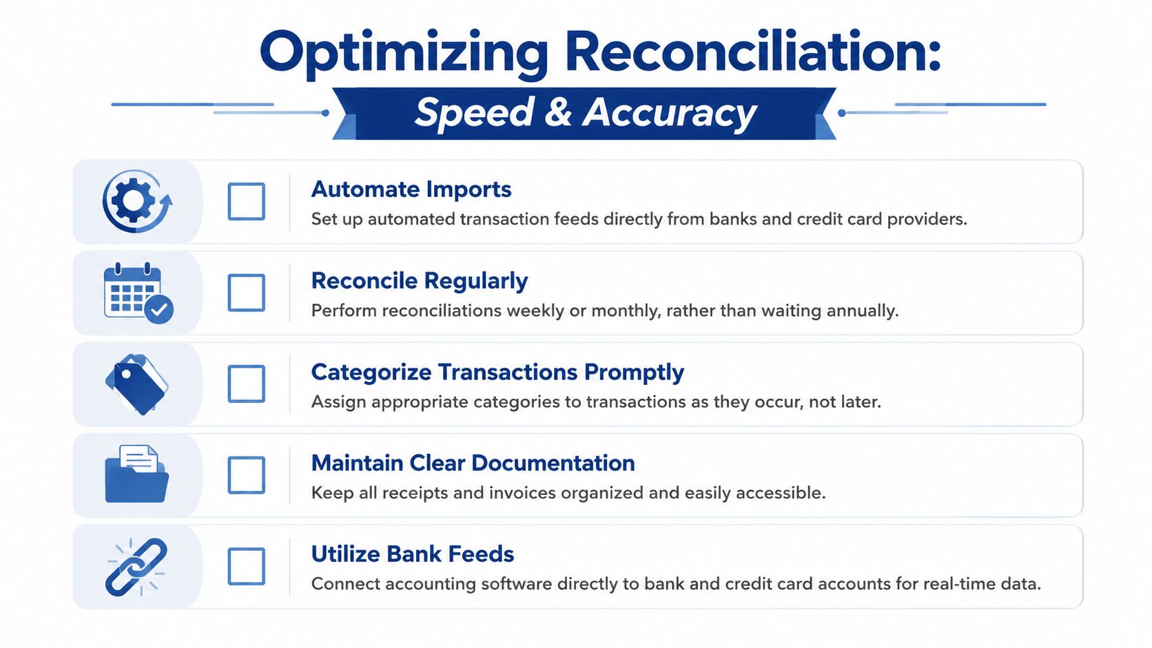 A checklist infographic titled Optimizing Reconciliation: Speed & Accuracy, listing five essential accounting tips for businesses.