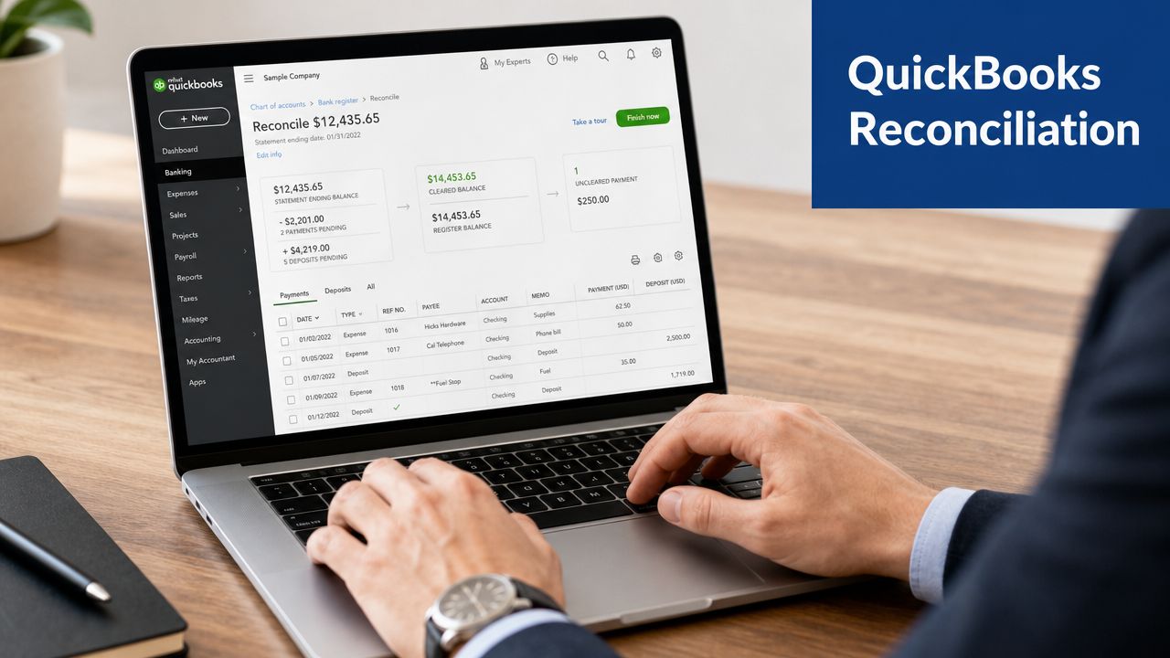 A professional working on a laptop displaying the QuickBooks reconciliation screen for accounting and financial management.