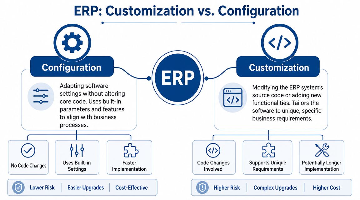 A comparison infographic showing the key differences between ERP configuration and ERP customization methods and outcomes.