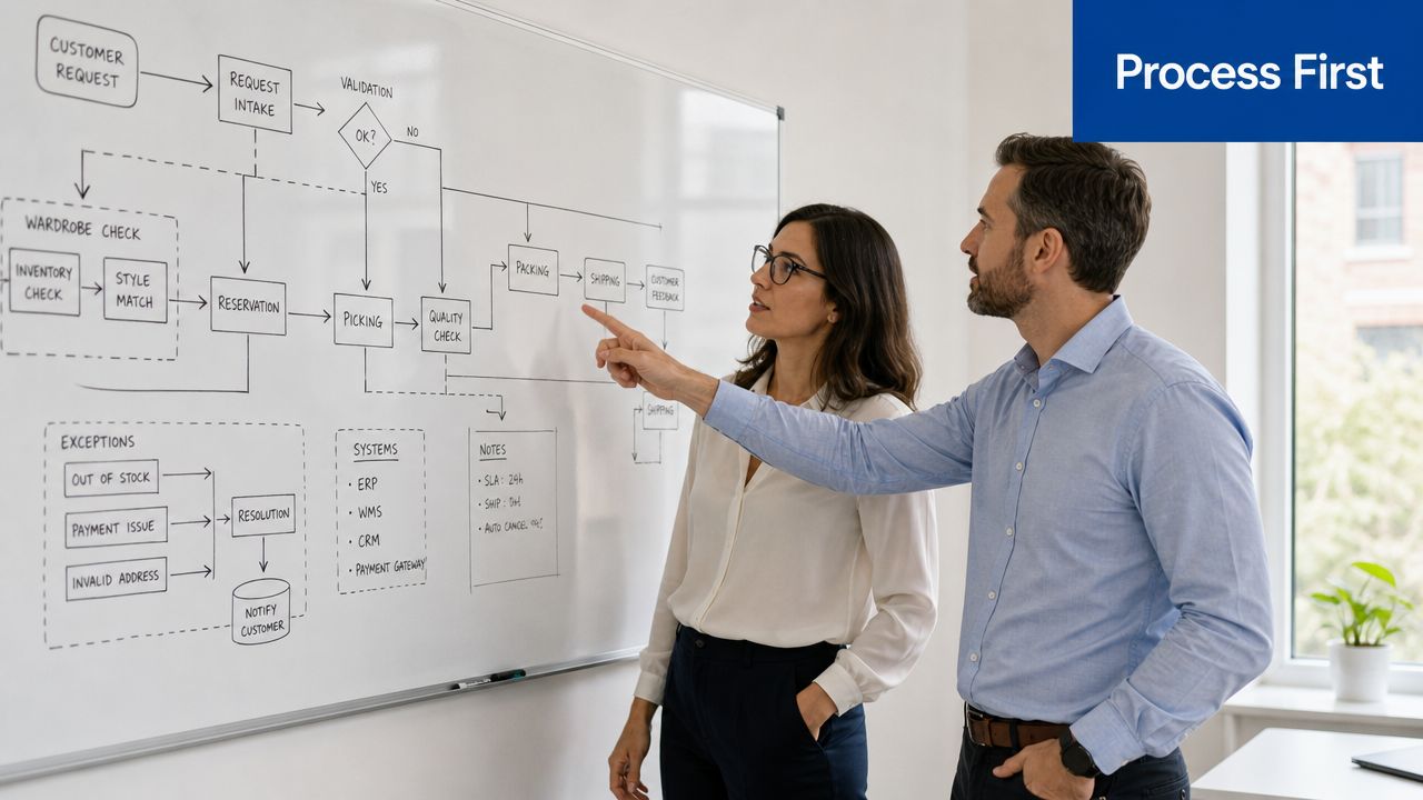A professional man and woman discussing a complex business process workflow diagram drawn on a large whiteboard.