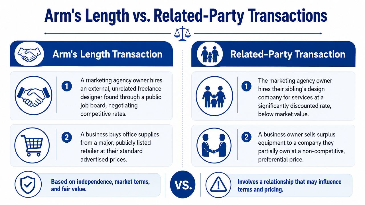 An infographic comparing arm's length transactions with related-party transactions through definitions and real-world business examples.