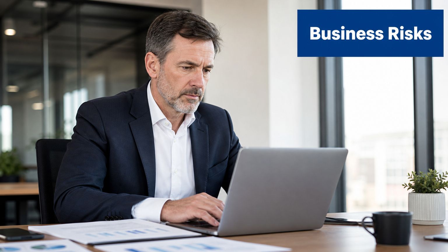 A professional man in a business suit analyzing financial data on a laptop in an office.