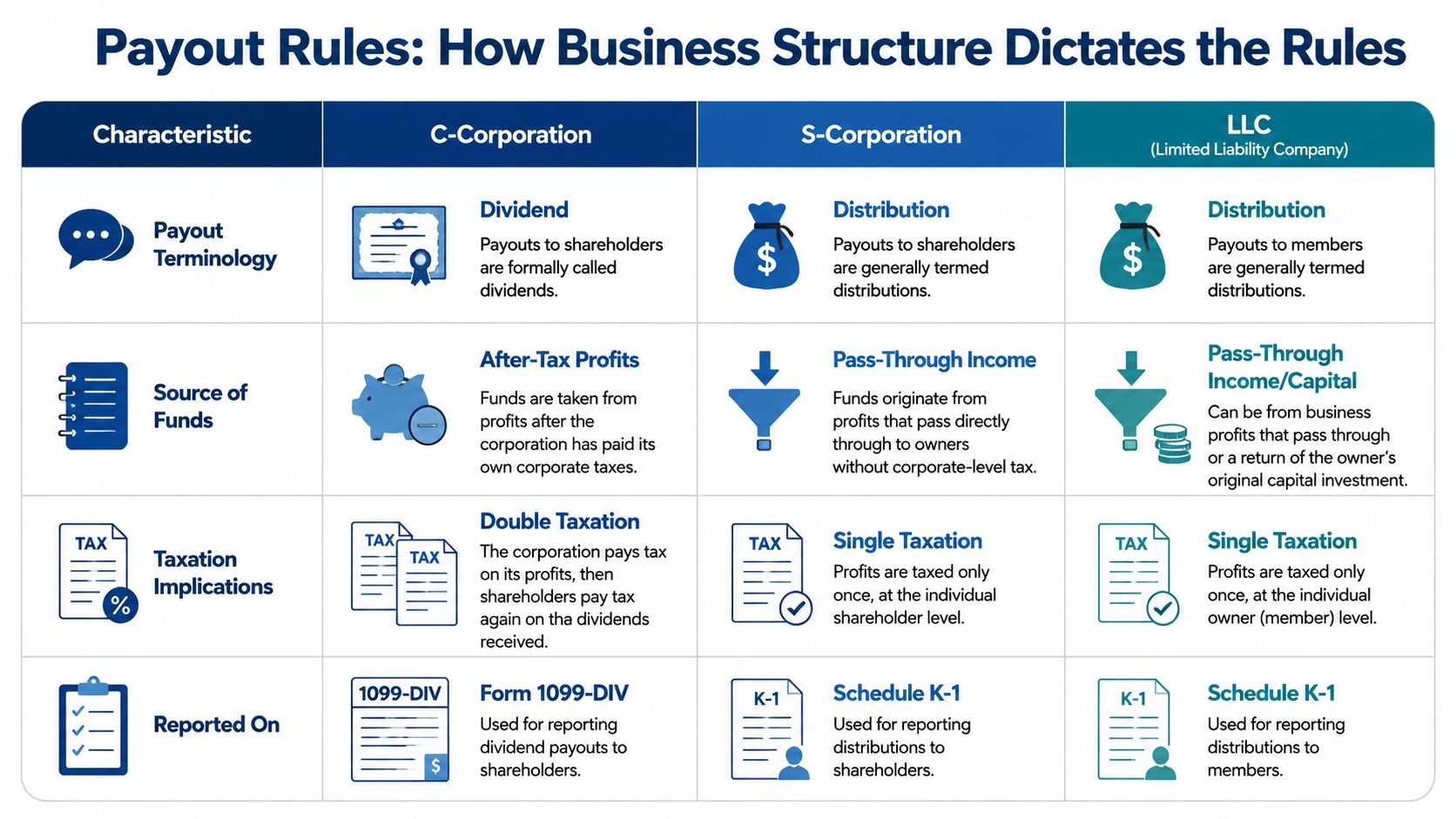 A comparison chart outlining differences in payout terminology, source of funds, taxation, and reporting for C-Corps, S-Corps, and LLCs.