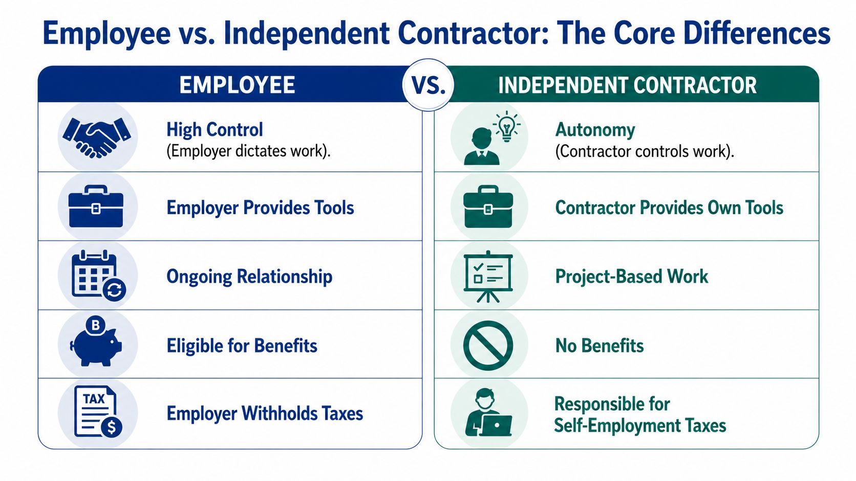 A comparison chart outlining the key legal and professional differences between employees and independent contractors.