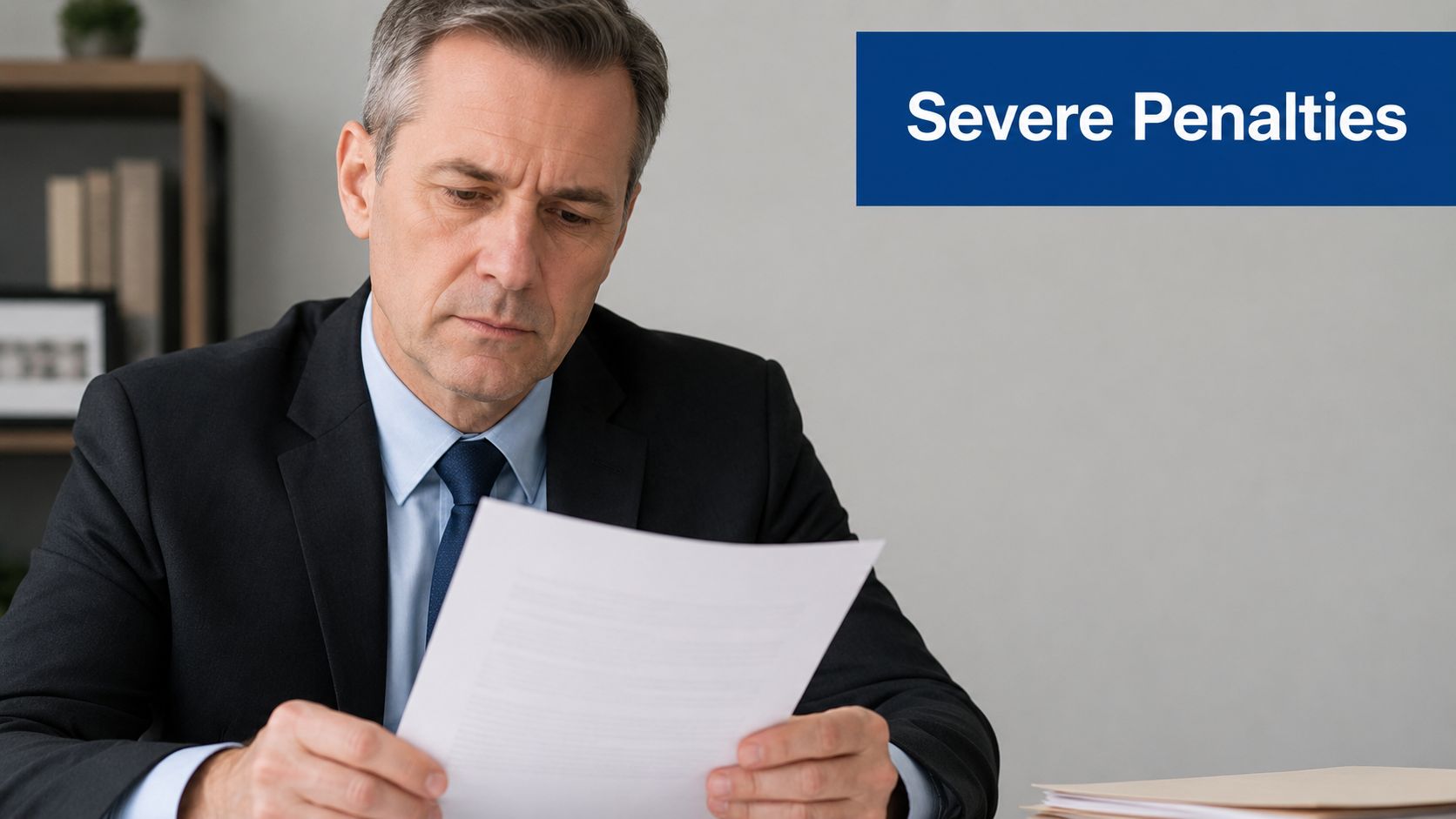 A concerned professional in a suit reading a document about potential severe penalties in a workplace setting.